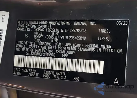 2023 Toyota Highlander L z USA, uszkodzony, nr VIN 5TDKDRBH0PS045970